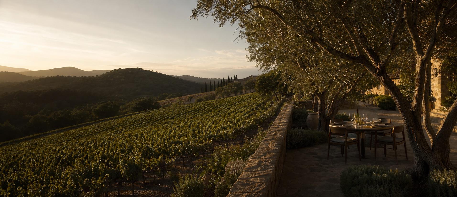 Private stone terrace overlooking vineyard rows in warm evening light